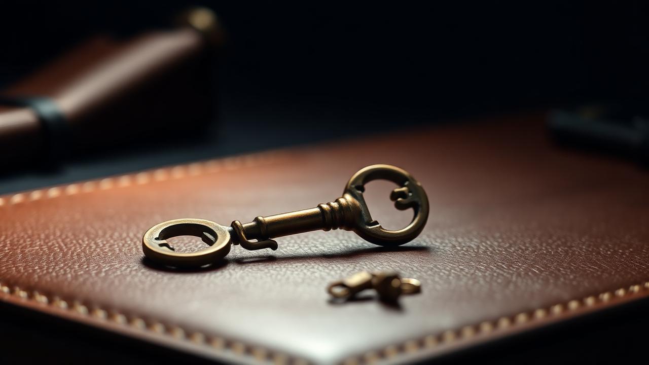 Antique brass key resting on a leather desk